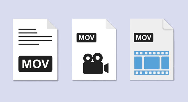 Collection of video file icons in MOV format, depicting various visual representations for multimedia documents and digital content