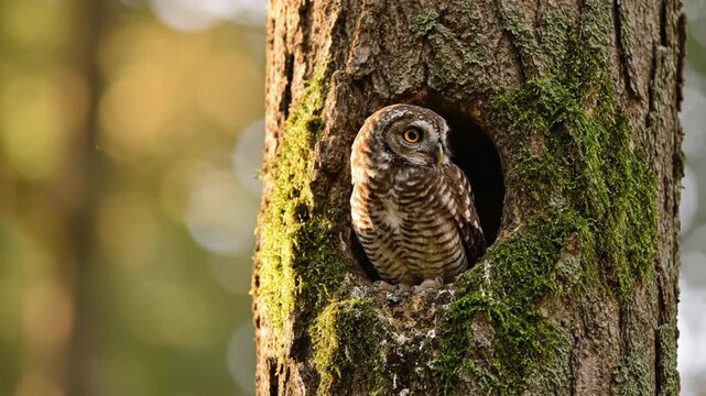 Eurasian pygmy owl looks out from its nest hole in the forest in summer
