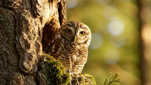 Eurasian pygmy owl peeks out from nest hole in tree during daylight hours in forest