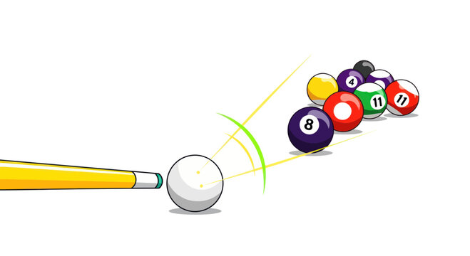Billiard cue hitting white ball, striking pool balls rack on white background