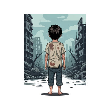 Back view of a young boy with messy hair wearing a dirty t-shirt and jeans, standing barefoot in a war-torn city with destroyed buildings and rubble, vector art illustration.