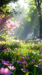 Obraz premium Lush meadow blooms under dappled sunlight, leading into a dreamy forest path