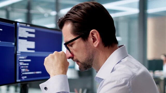 Frustrated Developer Looks At Computer Screen After Coding Mistake
