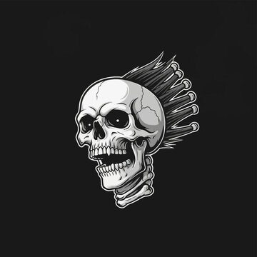 Monochrome vector illustration of a human skull with a mohawk made of drumsticks. The skull is shown in a dynamic headbanging pose with an open jaw and visible neck vertebrae.