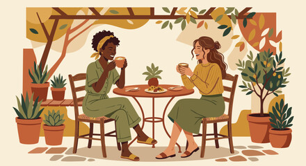 Fototapeta premium Two female friends enjoying lattes and chatting on outdoor terrace surrounded by plants 