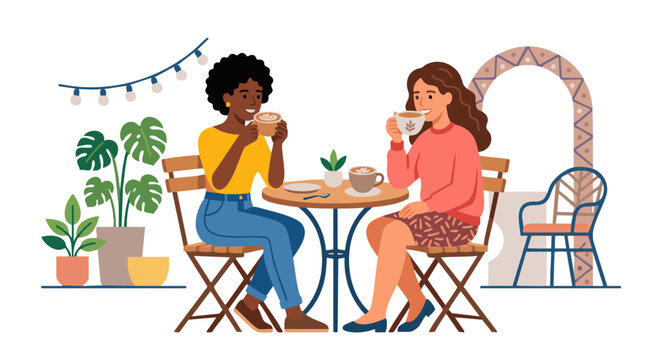 Two diverse women sitting at bistro table enjoying lattes in garden  