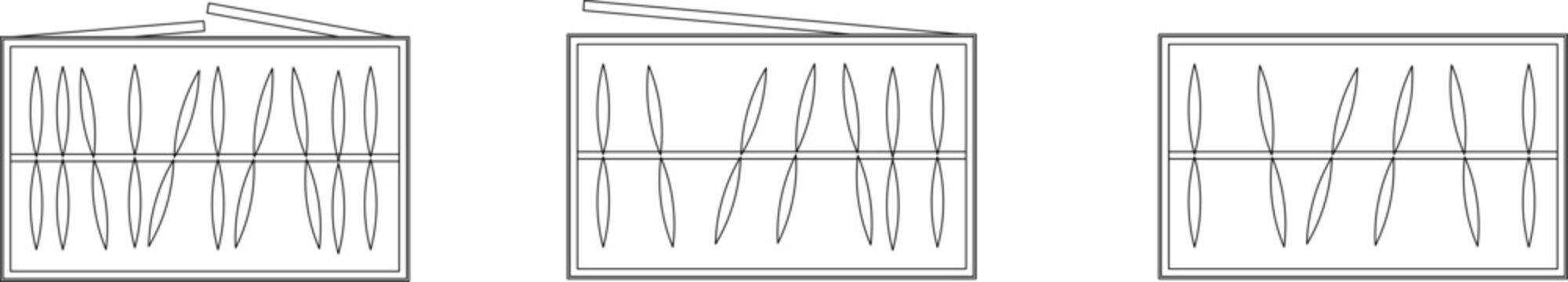 Technical architectural plan view showing three variations of seating arrangements with rows of chairs and central aisles for auditorium design in CAD style.