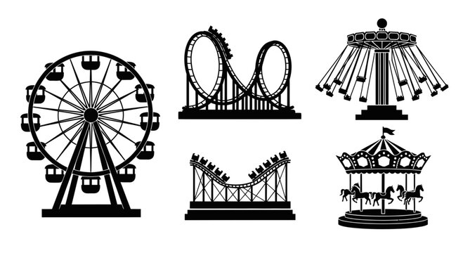 Amusement Park Rides Silhouette Collection: Ferris Wheel, Roller Coaster, Carousel