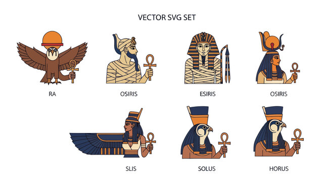 Ancient Egyptian Gods Vector Set - Ra, Osiris, Isis, Horus, Anubis