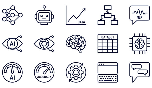 A collection of various outline style artificial intelligence icons representing machine learning data analysis and advanced digital technology software systems