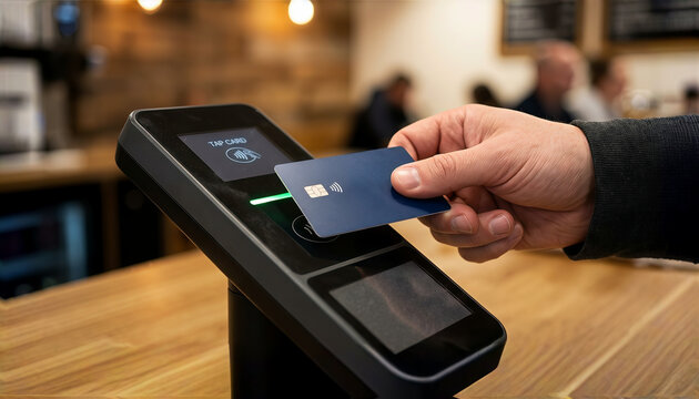 A Hand using a contactless credit card for a mobile payment transaction