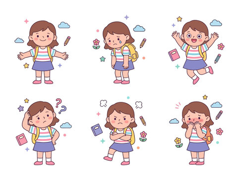 A collection of six cartoon illustrations depicting a young girl expressing various emotions and actions related to school and learning.