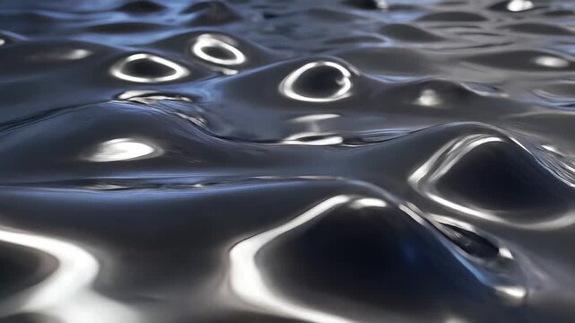 Abstract liquid metal waves moving, close up macro shot, dark background