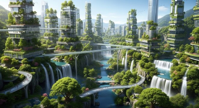 Modern eco friendly city with skyscrapers and waterfalls in nature
