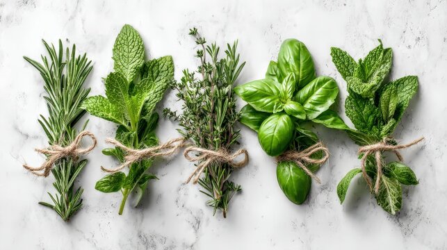 Fresh aromatic herbs bundled together for culinary uses