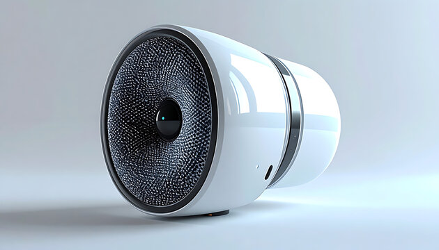 Futuristic camera lens with textured iris and clean white barrel, reflecting soft light for technology concepts