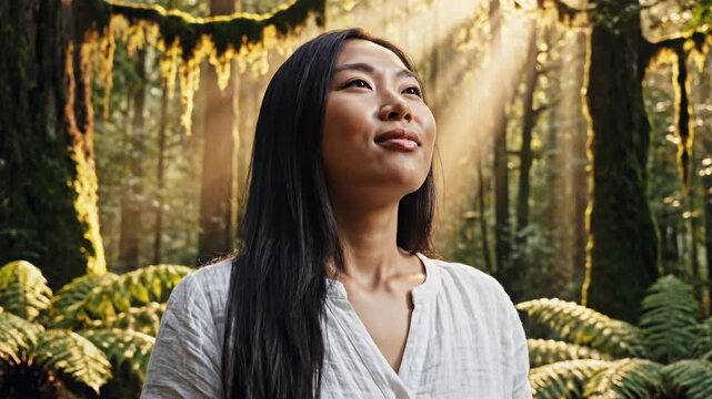 Young woman takes deep breath in forest during daylight hours surrounded by greenery and sunlight filtering through trees