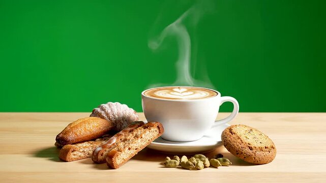 Cappuccino In A White Cup Surrounded By Cookies And A Shell Isolated On A Vibrant Green Background With Rising Steam
