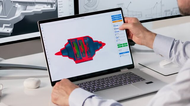 Engineer Carefully Designing Turbine Model On Laptop