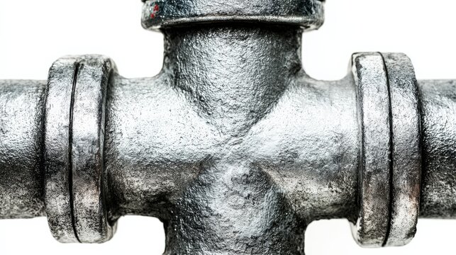 Close up of metal plumbing pipe fitting showing industrial design elements
