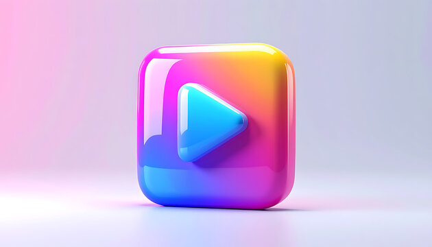 Glossy rounded square icon with a vibrant gradient fill and a blue play button, digital media symbol, online video player interface element, modern UI design