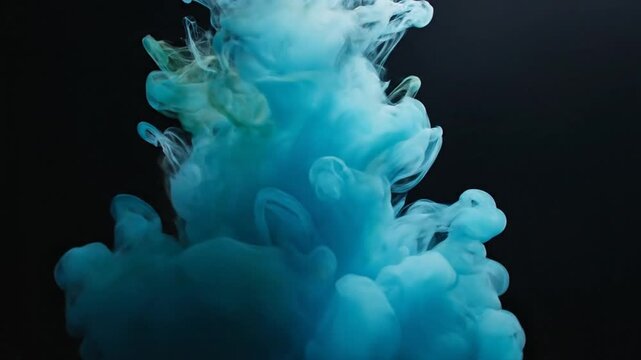 Dark teal mist and smoke particles slowly dispersing and drifting across a solid deep black background in a cinematic atmosphere, highlighting fluid movement and gaseous texture.