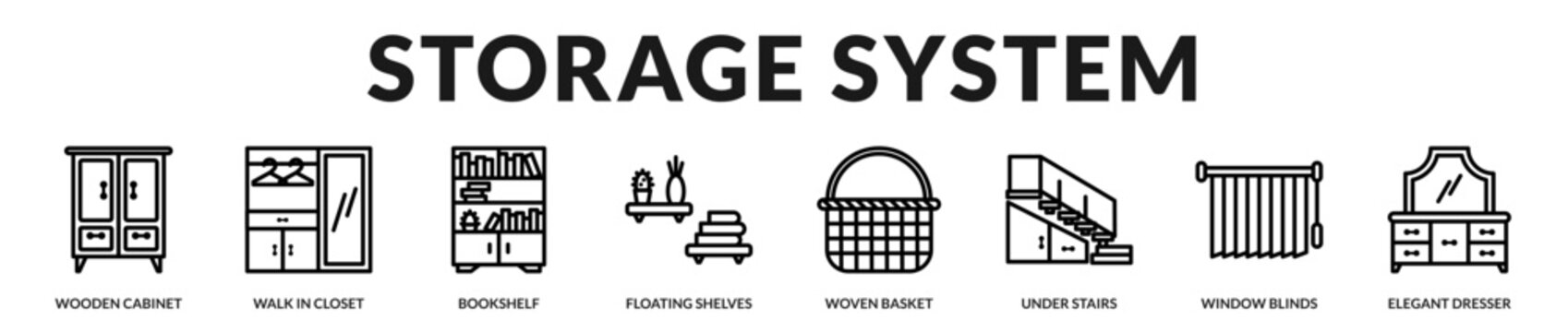A practical banner presenting various home storage and organization solutions in Lineal Icon Style