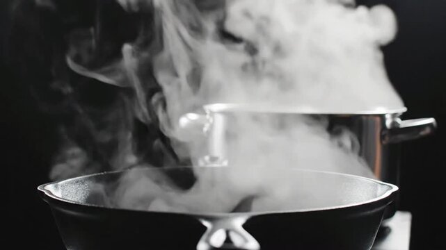 White steam rises from a pan while cooking food in a kitchen on a regular day
