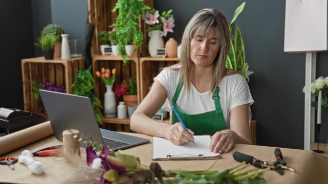 Woman florist in studio writes on clipboard with hand while laptop and flowers sit on counter; small business calm contentment.