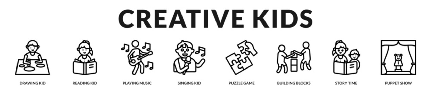 A playful banner highlighting creativity, learning, and artistic expression in children in Lineal Icon Style