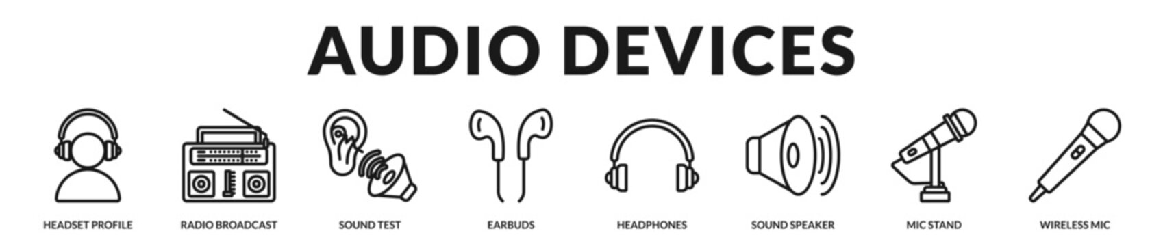 A technical banner featuring a range of audio devices and listening tools in Lineal Icon Style