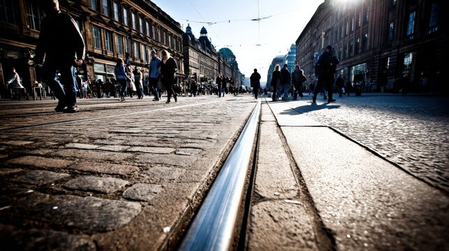 Busy urban street scene with cobblestone path and people walking in daylight