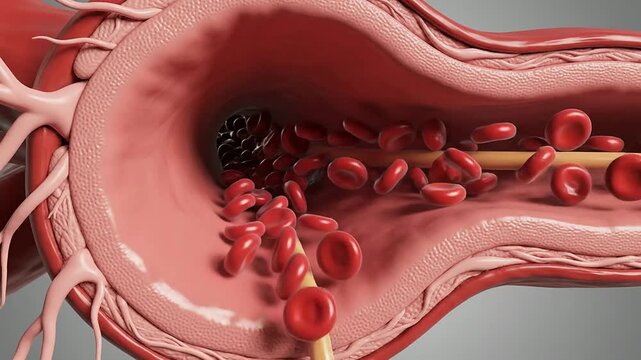 CGI Depiction of Elevated Blood Pressure with Red Blood Cells Flowing Through Artery in Detailed Medical Animation Visualizing Human Health Concepts