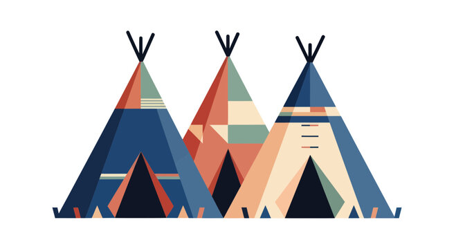 Three Geometric Teepees with Native American Patterns, Isolated on White