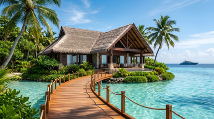 Fototapeta premium Exotic tropical island bungalow retreat with a wooden walkway leading to paradise over clear turquoise waters and lush palm trees