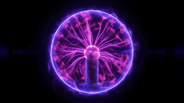 tesla plasma ball with purple and pink electrical discharges on a dark background 4k