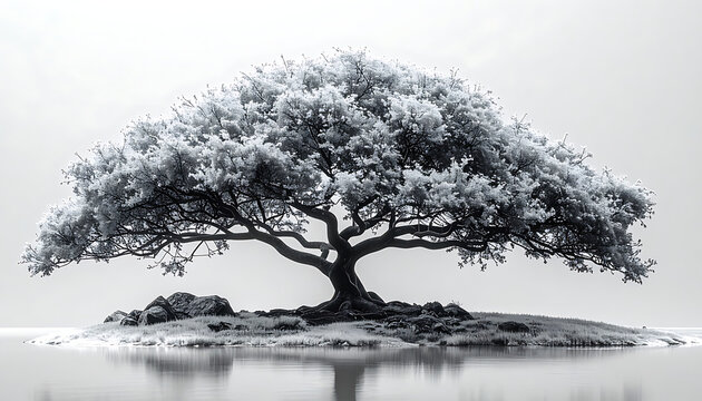 Isolated ancient tree with dense foliage on small island, calm water reflection, serene atmosphere, conceptual symbol of nature and life