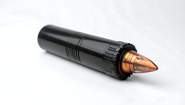 Isolated black artillery shell with copper projectile, detailed grooved casing, on a neutral white background, representing military power or ammunition concepts