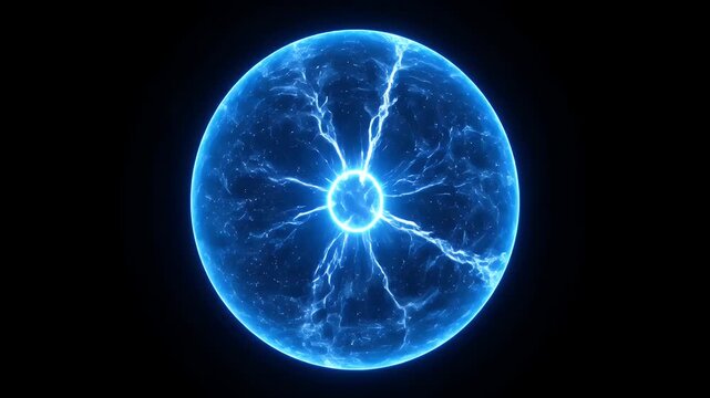 blue plasma ball with glowing electric discharges and energy pulse on black backdrop