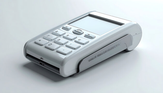 Isolated credit card payment terminal with numeric keypad and display screen on a neutral surface, modern financial technology device for transactions