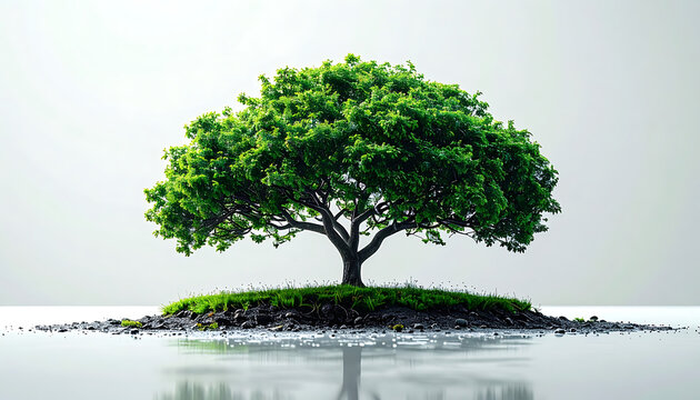 Isolated lush green tree with dense foliage on a small grassy island, surrounded by pebbles and reflected in water, representing growth and nature