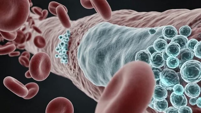 CGI Visualization of Endothelial Repair Concept in Blood Vessels Highlighting Cellular Interactions and Healing Mechanisms in a Dynamic 3D Medical Environment