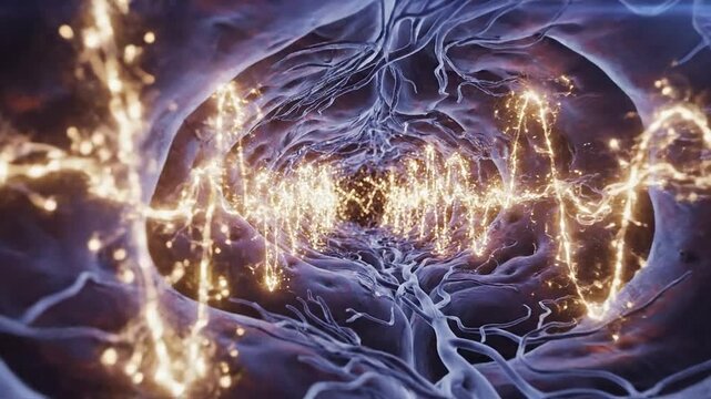 CGI Visualization of Neural Synchronization Amidst Pulsating Energy Waves Within Organic Pathways in High Definition 4K
