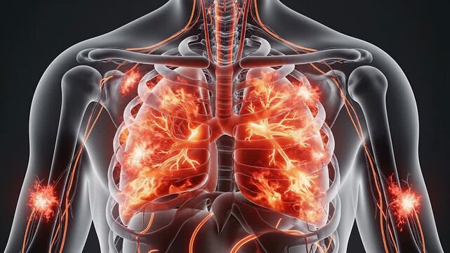 CGI Visualization Of Severe Allergic Reaction Spreading Through Human Body With Glowing Effects Highlighting Affected Organs