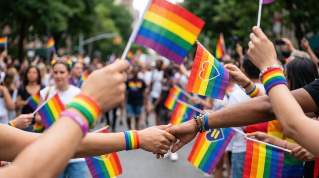 Diverse group of young adults holding rainbow flags and joining hands at a pride parade celebration for equality