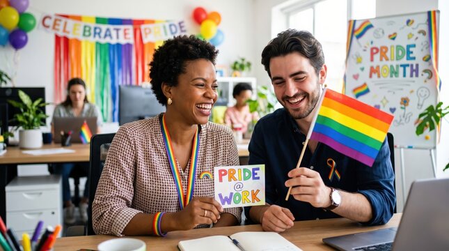 Diverse Colleagues Celebrating Pride Month in Modern Office with Rainbow Flags and Pride at Work Signage