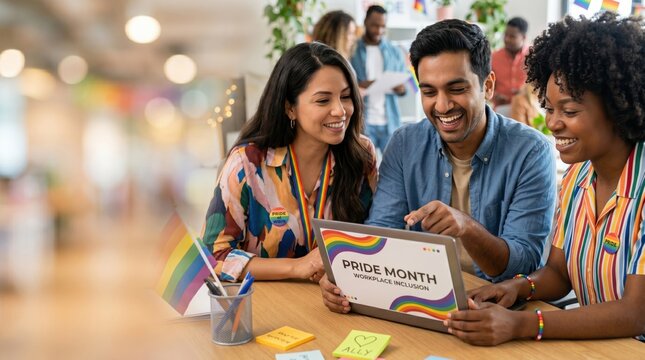 Diverse Colleagues Collaborating on Pride Month Workplace Inclusion Strategy in Modern Office