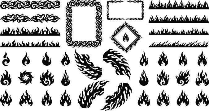 Collection of black flame elements and decorative fire frames
