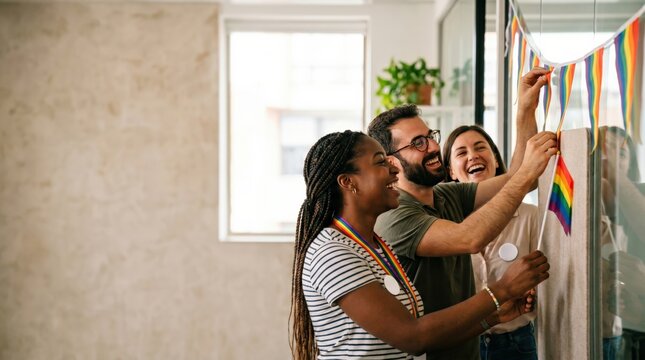 Diverse Colleagues Decorating Modern Office with Pride Flags for LGBTQ Celebration