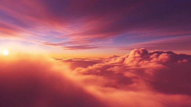 Aerial perspective above the clouds during sunset or sunrise, featuring a mix of thick purple cumulus formations and wispy pink and blue stratus clouds under soft atmospheric light.